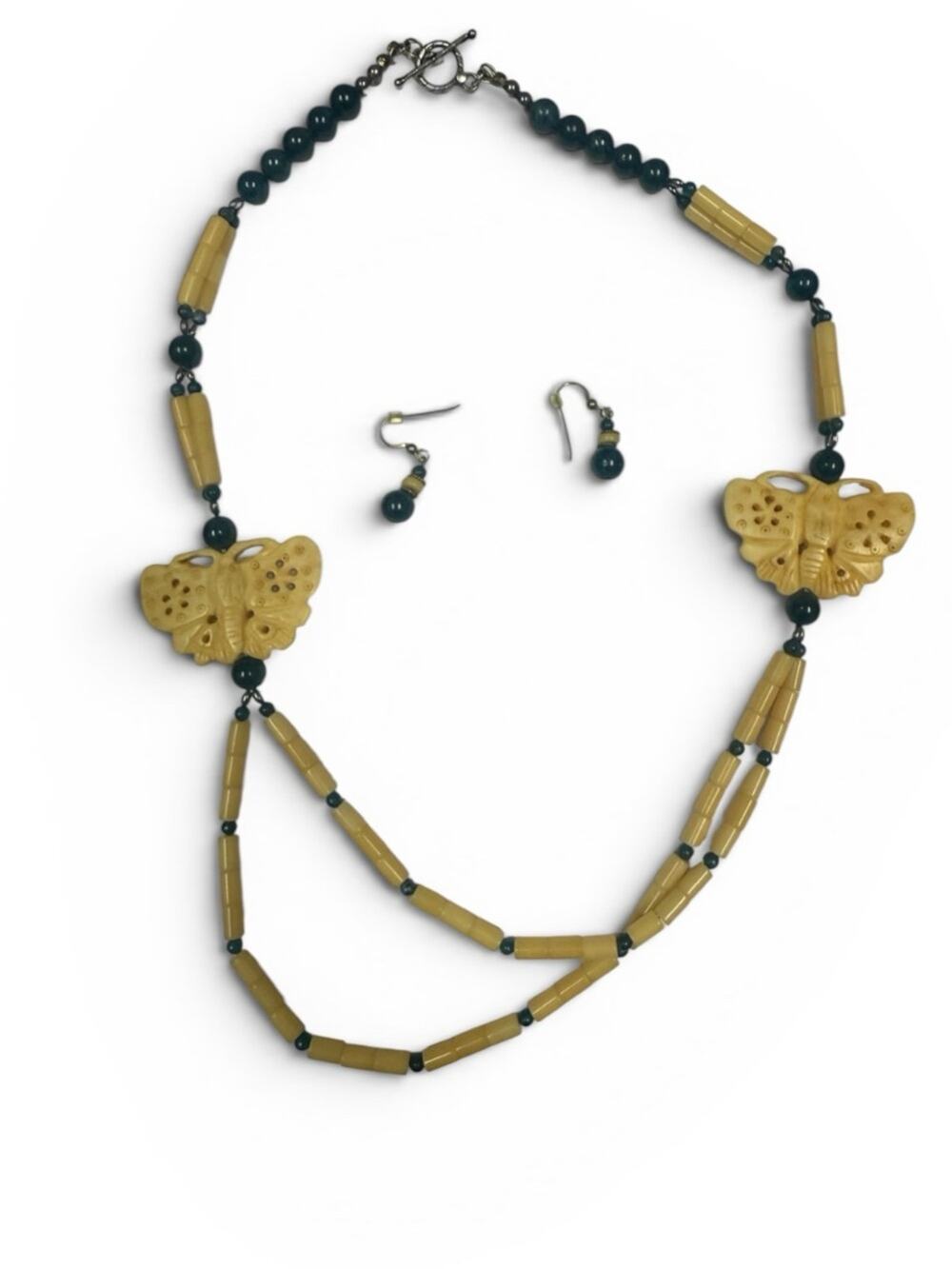 Vintage Carved Butterfly Pendant Necklace & Earring Set Beaded Bohemian Tribal